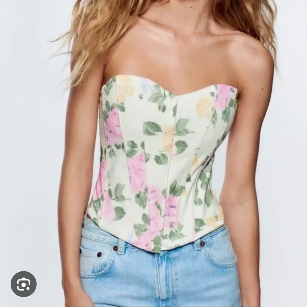 Zara Floral Strapless Blouse - Pink and Yellow - Picture 1 of 4